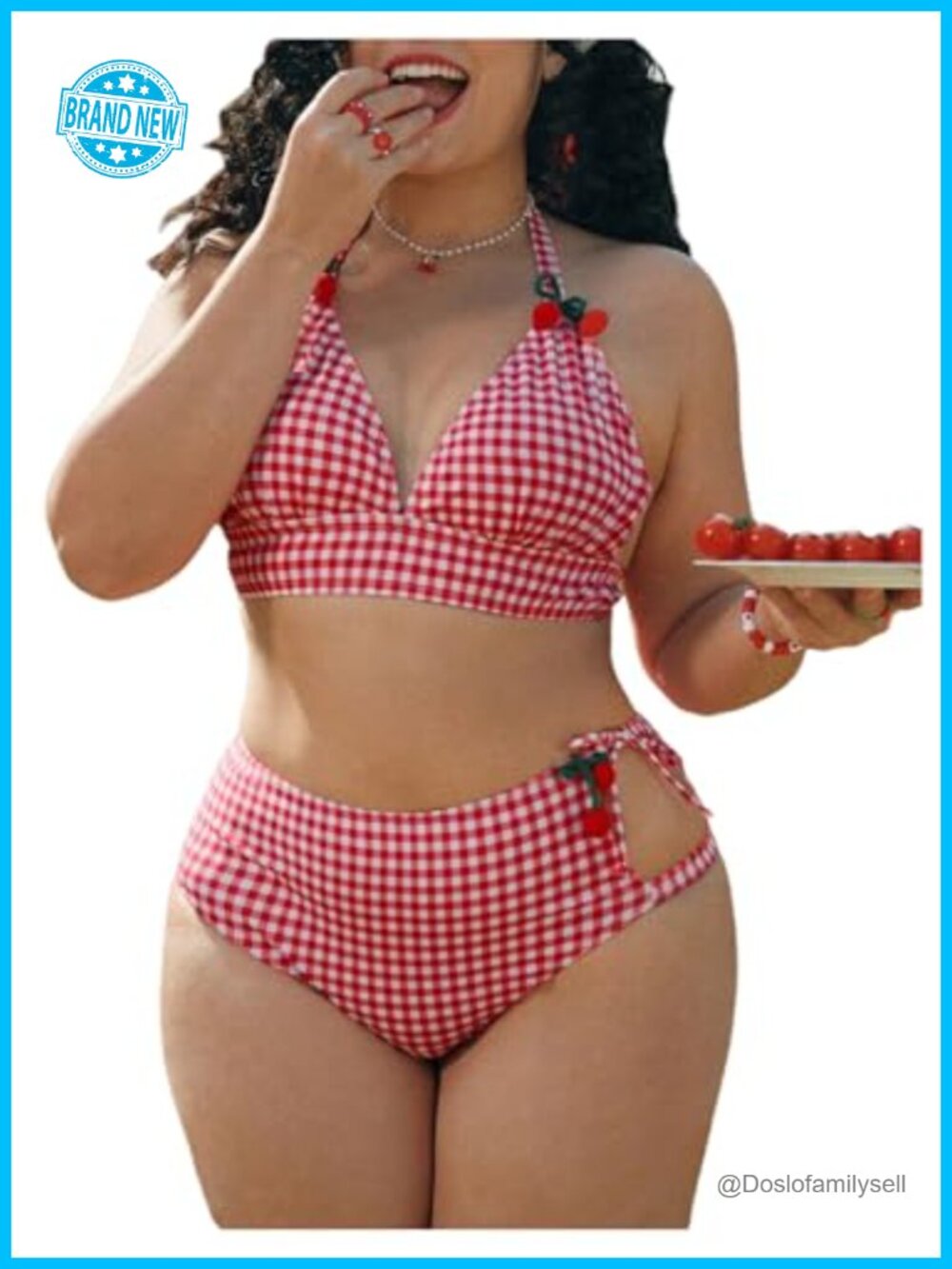 Plus Size Checkered Triangle Halter Bikini Set High Rise Tummy Control